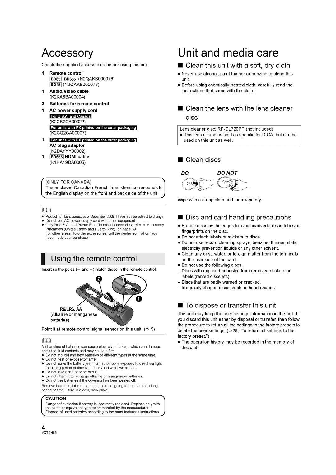 Panasonic VQT2H86-1, DMP-BD45, DMP-BD655 operating instructions Accessory, Unit and media care, Using the remote control 