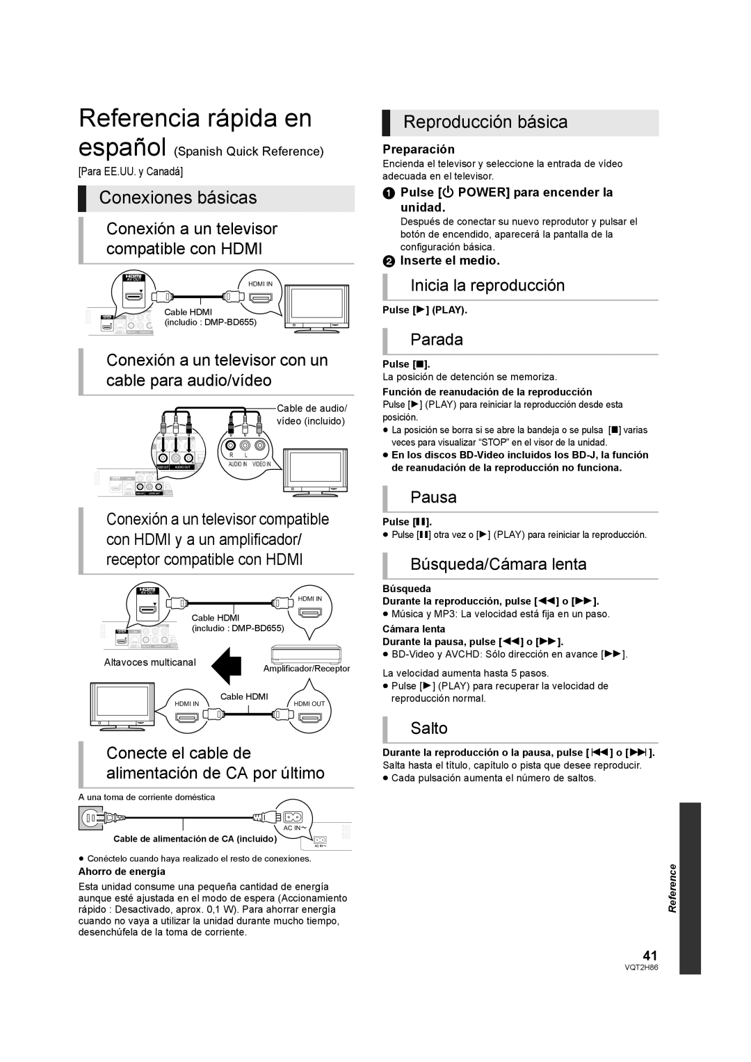 Panasonic DMP-BD45, VQT2H86-1, DMP-BD655 operating instructions Referencia rápida en, Conexiones básicas, Reproducción básica 