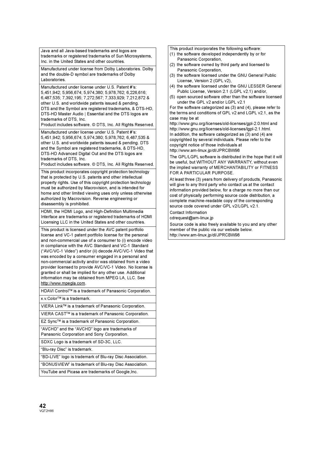 Panasonic DMP-BD655, VQT2H86-1, DMP-BD45 operating instructions Contact Information cdrequest@am-linux.jp 