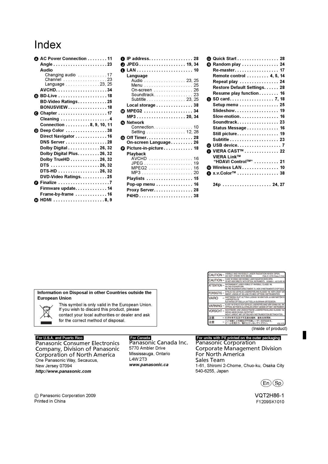 Panasonic VQT2H86-1, DMP-BD45, DMP-BD655 Index, AC Power Connection Angle Audio, Local storage M MPEG2 MP3 Network 