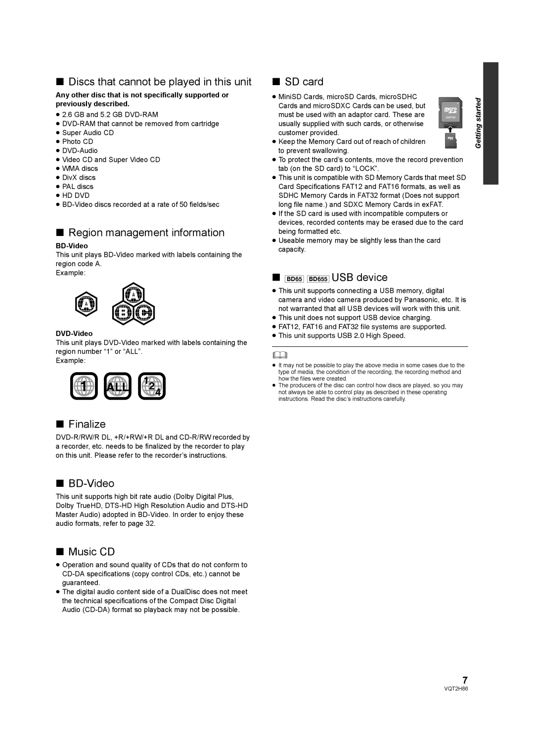 Panasonic DMP-BD65 Discs that cannot be played in this unit, Region management information, Finalize, BD-Video, Music CD 