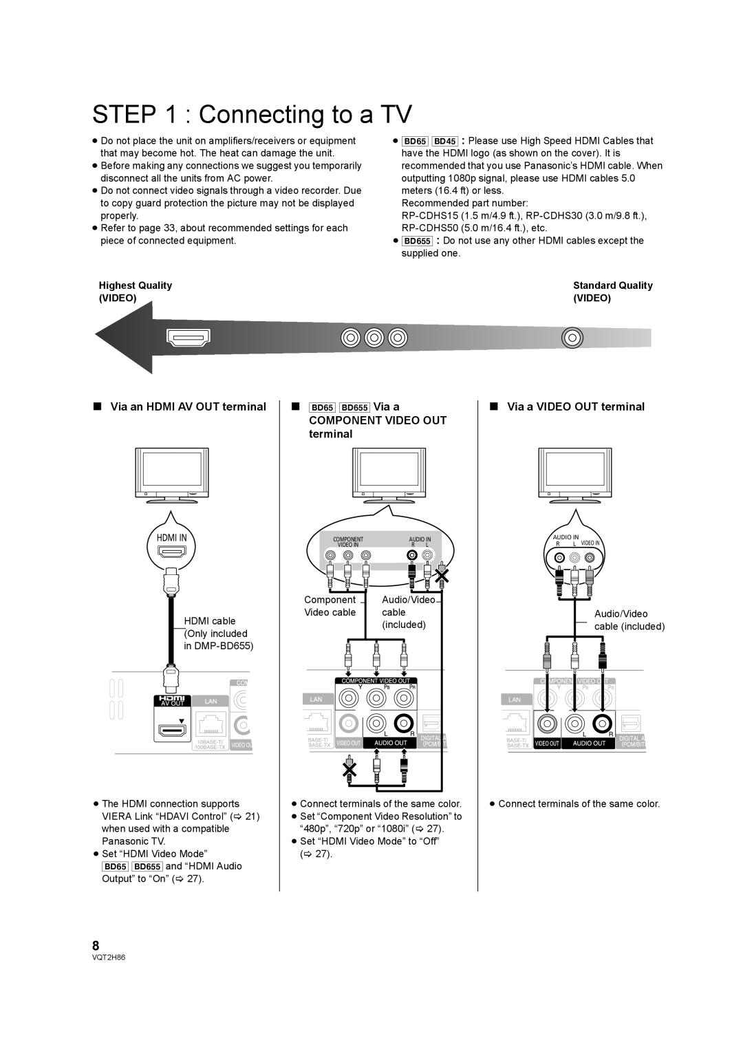 Panasonic VQT2H86-1 Connecting to a TV, Highest Quality Video, Standard Quality Video, ≥ Set Hdmi Video Mode to Off 