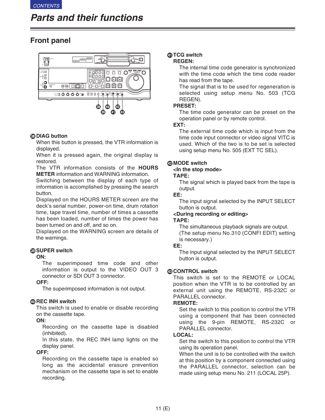 Panasonic VQT9958 operating instructions Off, Regen, Preset, Ext, Remote, Local 