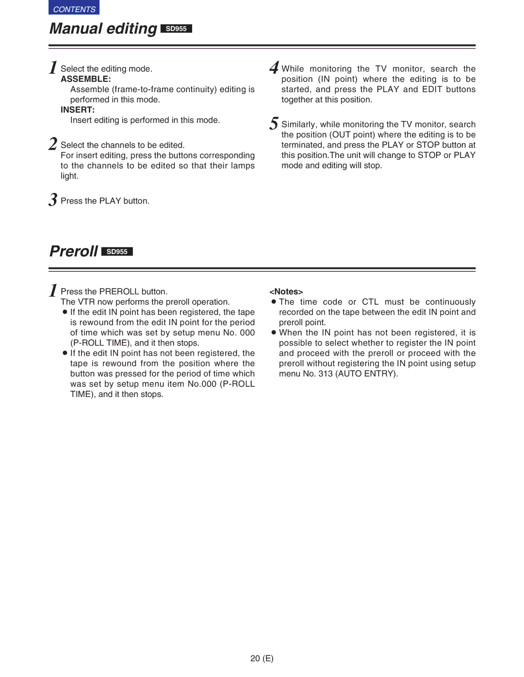 Panasonic VQT9958 operating instructions Manual editing SD955, Preroll SD955, Assemble, Insert 