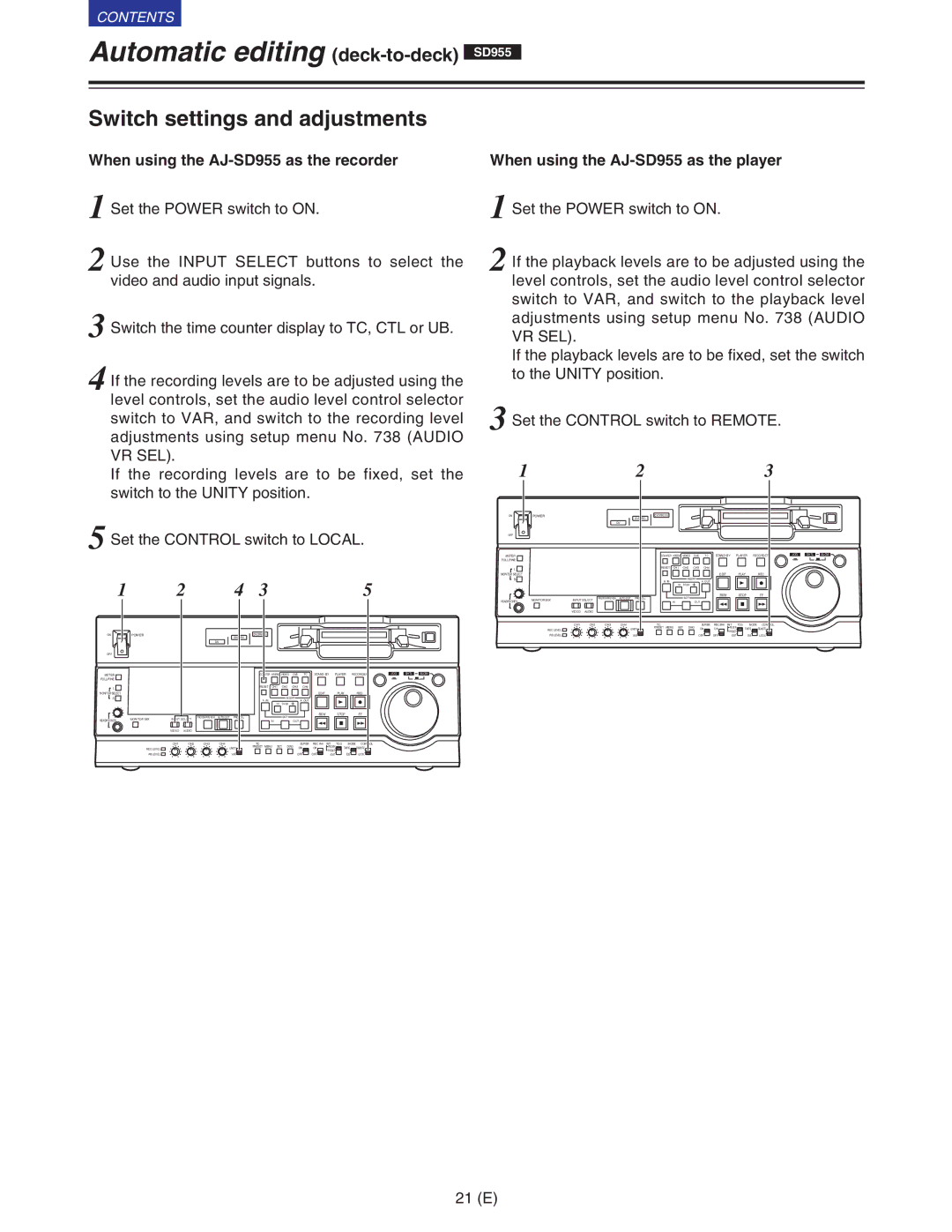 Panasonic VQT9958 operating instructions Automatic editing deck-to-deckSD955, Switch settings and adjustments 