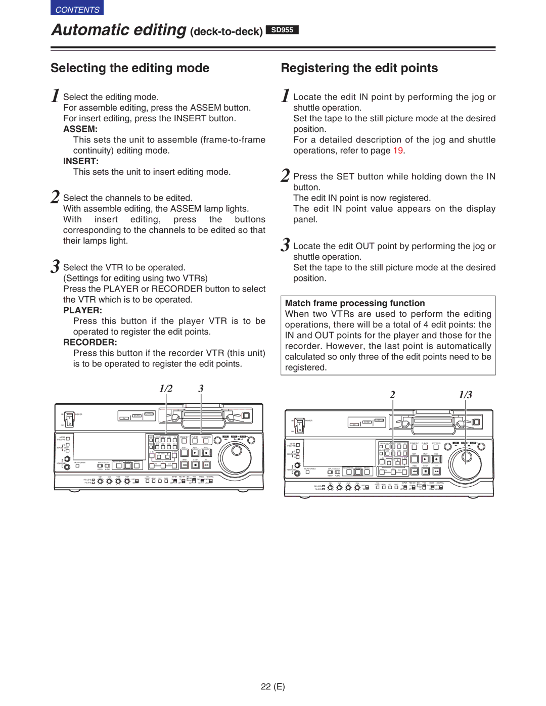 Panasonic VQT9958 operating instructions Selecting the editing mode, Assem, Match frame processing function 