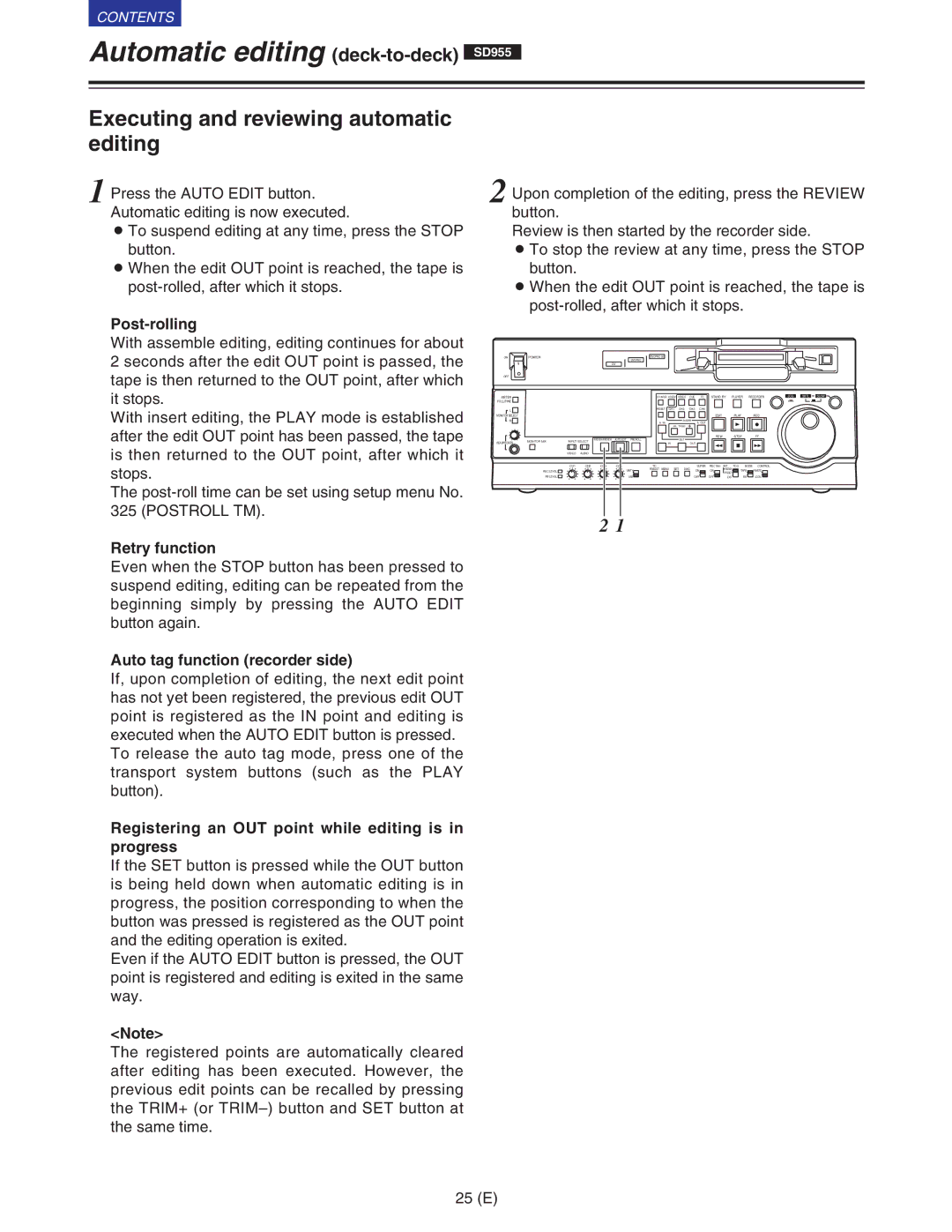 Panasonic VQT9958 Executing and reviewing automatic editing, Post-rolling, Retry function, Auto tag function recorder side 