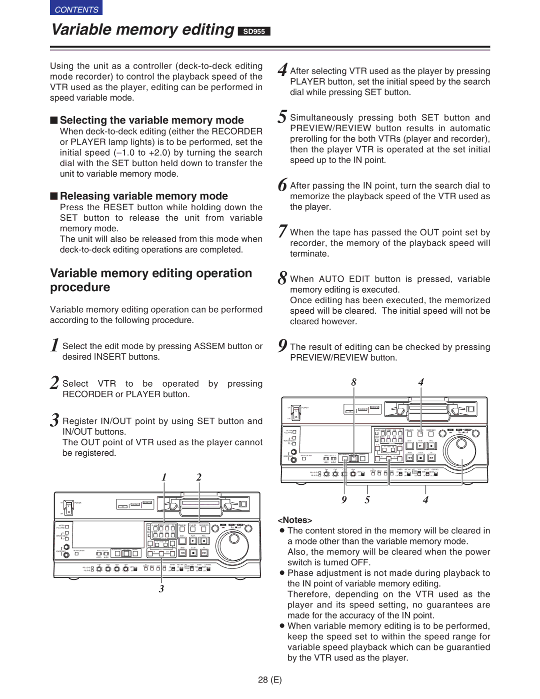 Panasonic VQT9958 operating instructions Variable memory editing SD955, Variable memory editing operation procedure 