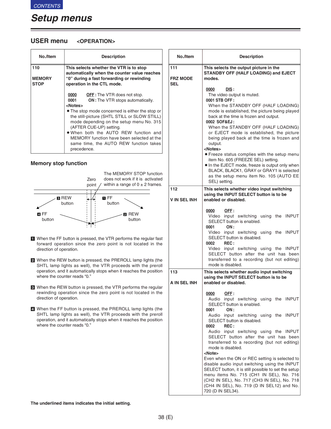 Panasonic VQT9958 operating instructions Memory stop function, Stop, FRZ Mode, Sel Inh 