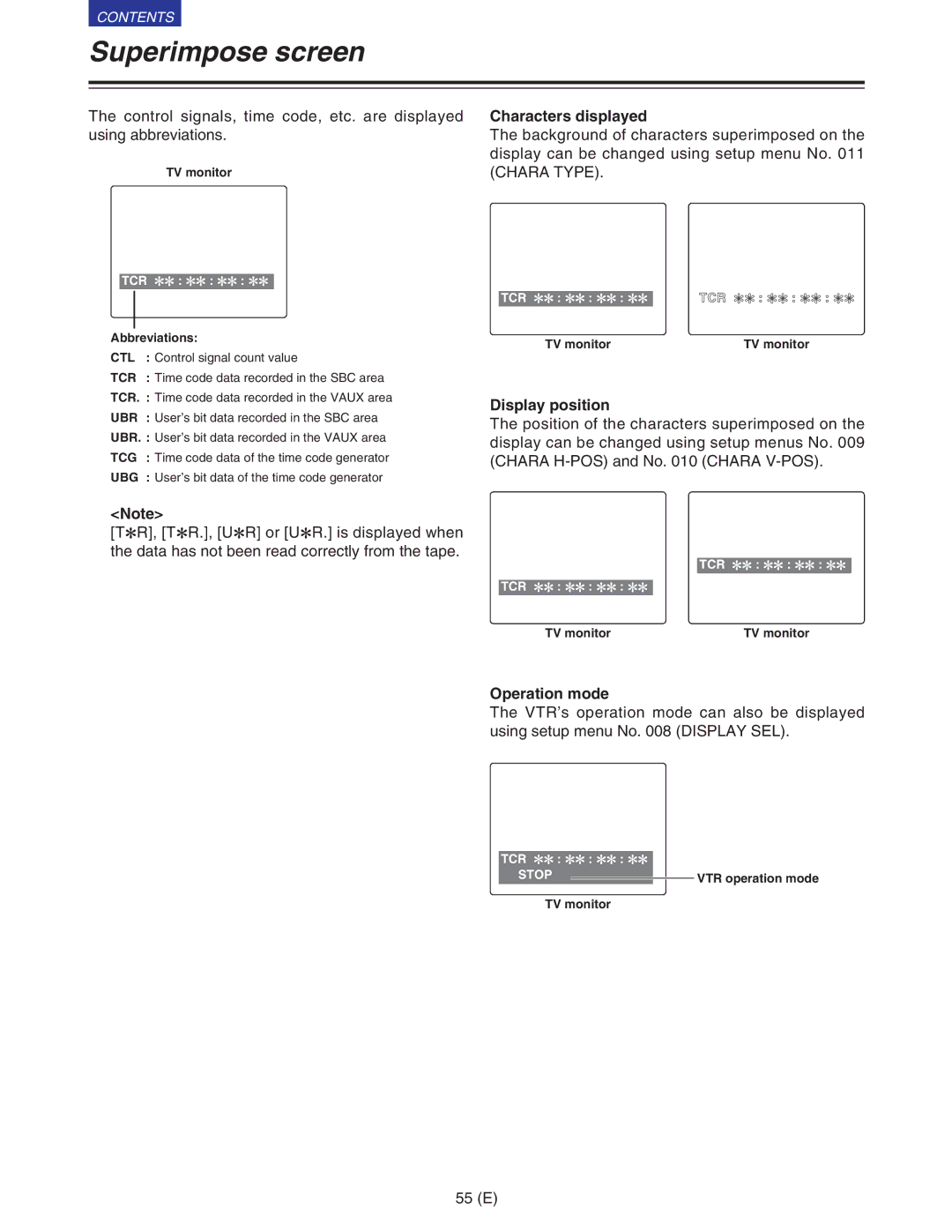 Panasonic VQT9958 operating instructions Superimpose screen, Characters displayed, Display position, Operation mode 