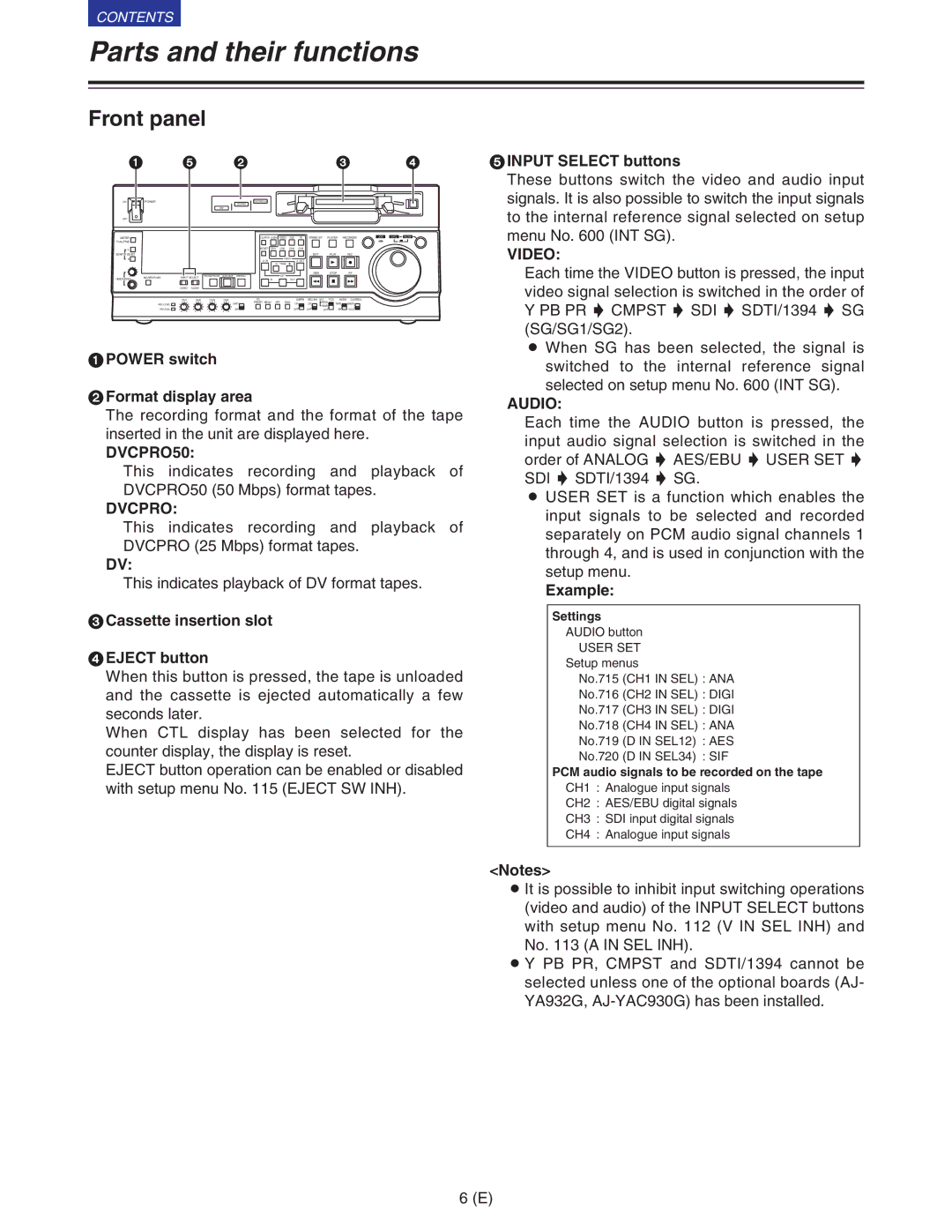 Panasonic VQT9958 operating instructions Parts and their functions, Front panel 