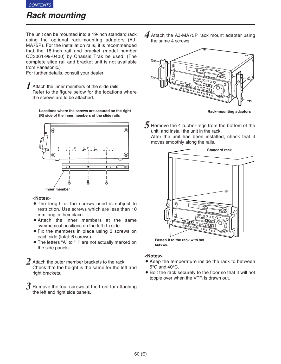 Panasonic VQT9958 Rack mounting, Rack-mounting adaptors, Standard rack Fasten it to the rack with set screws 