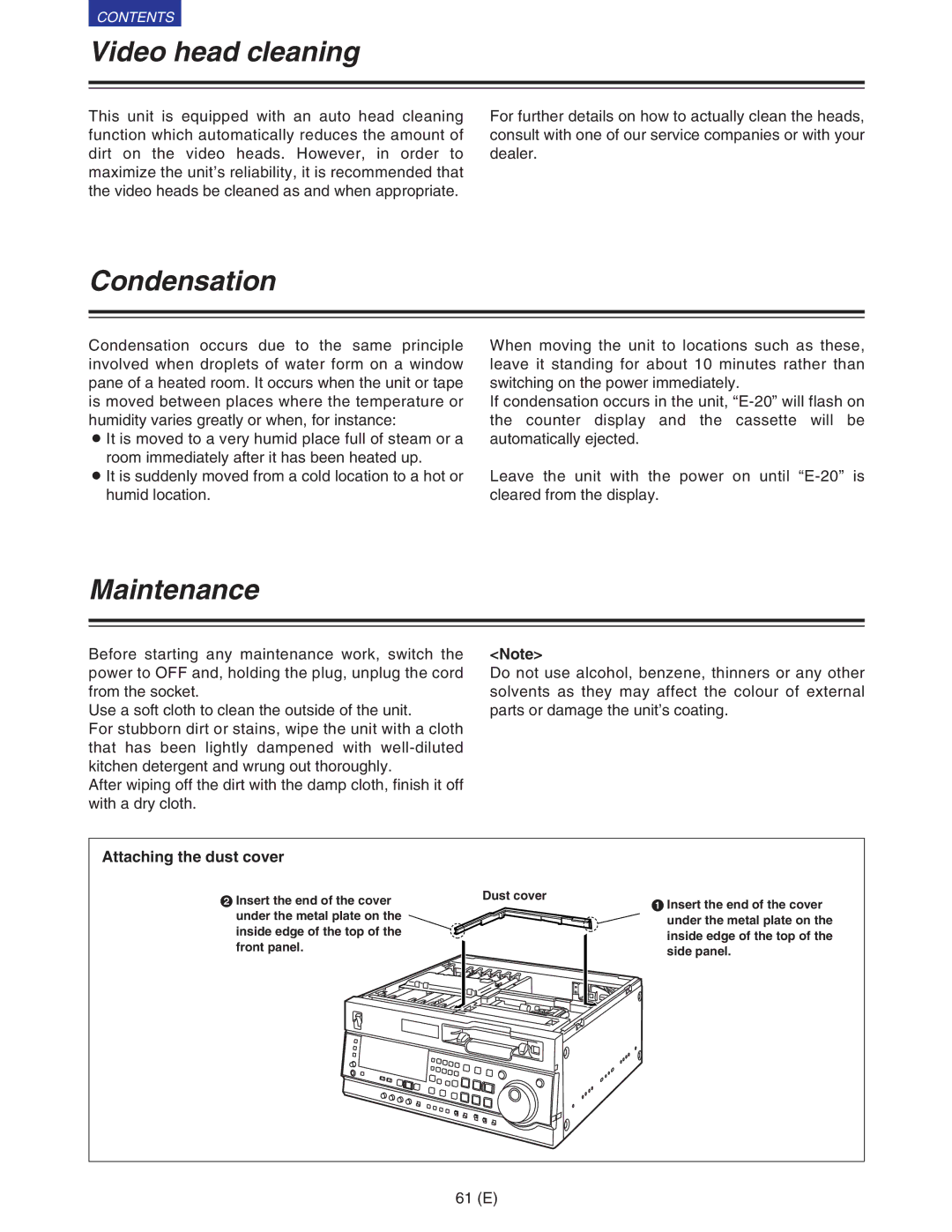 Panasonic VQT9958 Video head cleaning, Condensation, Maintenance, Attaching the dust cover, Insert the end of the cover 