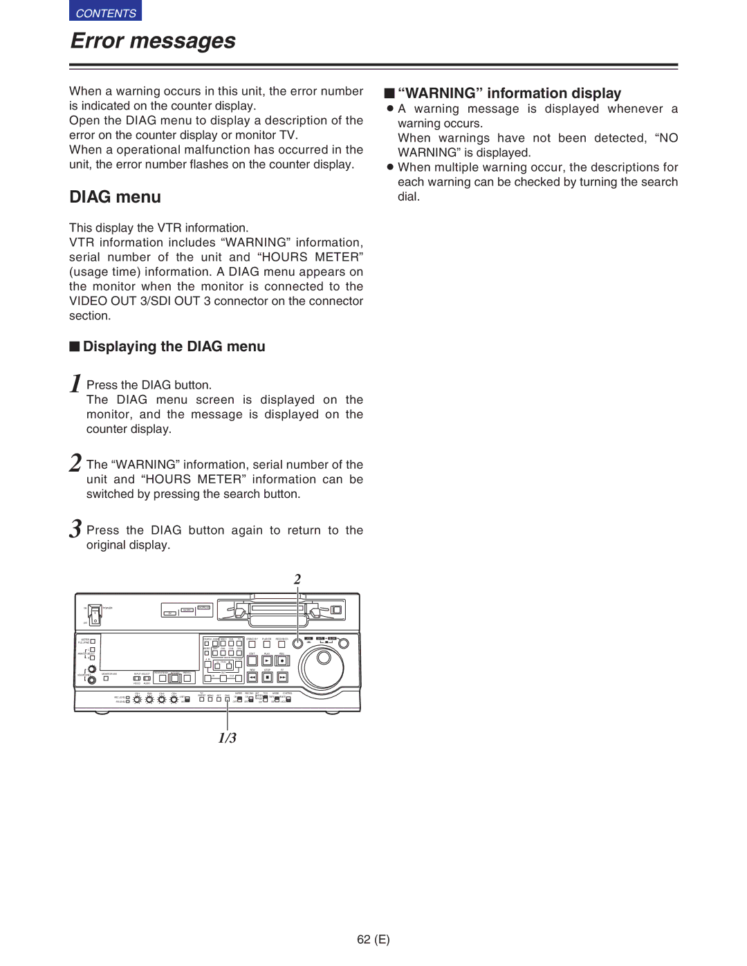 Panasonic VQT9958 operating instructions Error messages, $ Displaying the Diag menu, $ Warning information display 