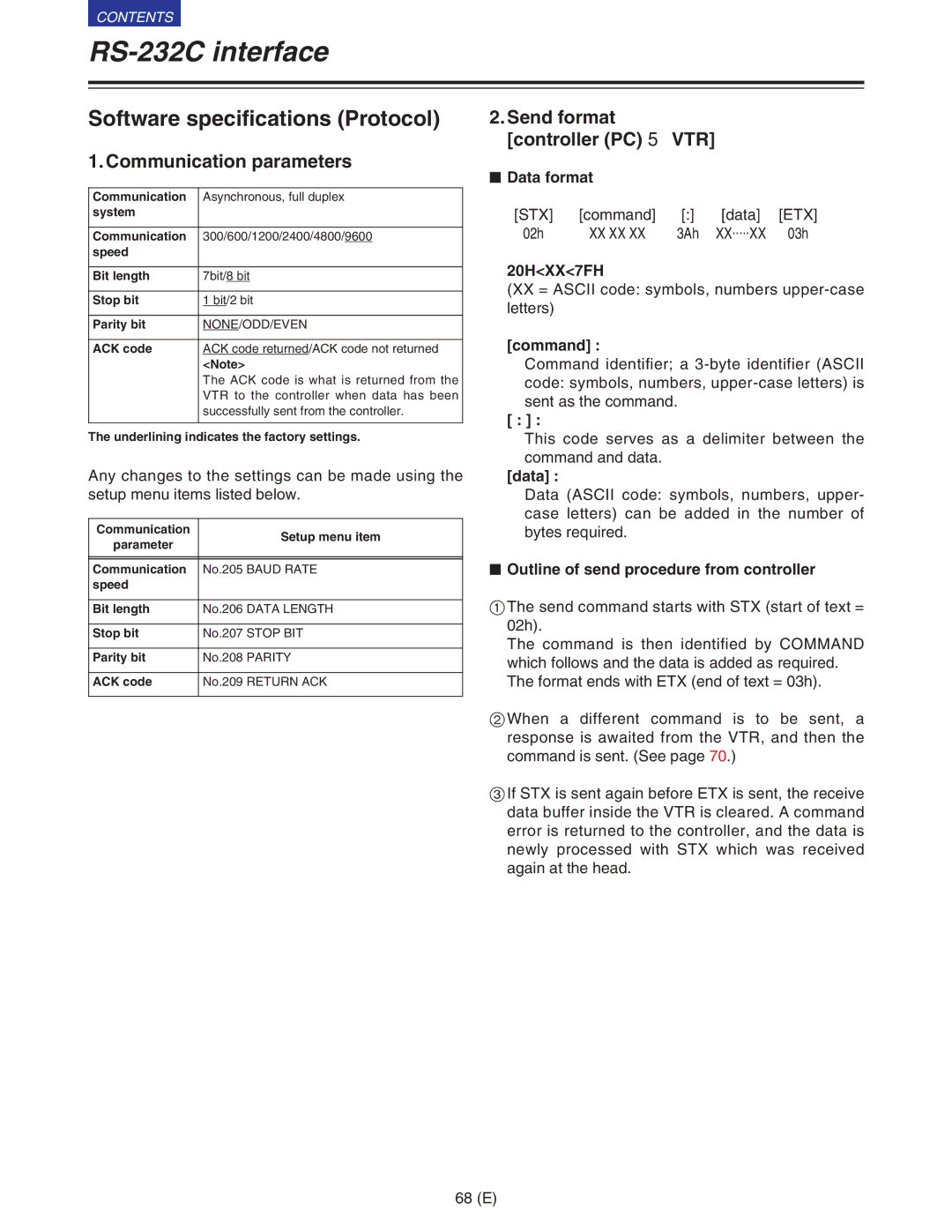 Panasonic VQT9958 Software specifications Protocol, Communication parameters, Send format controller PC 5 VTR 