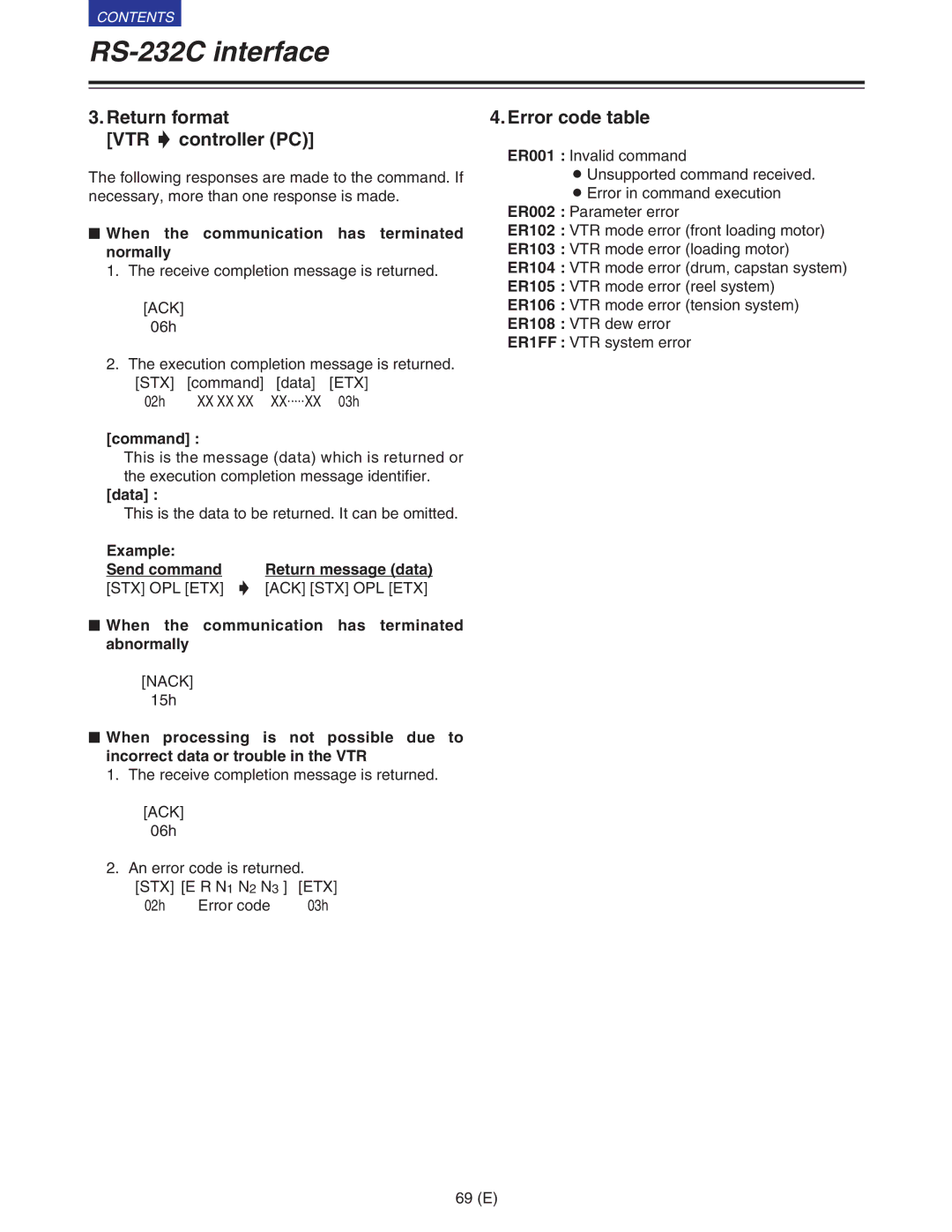 Panasonic VQT9958 Return format VTR 5 controller PC, Error code table, $ When the communication has terminated normally 