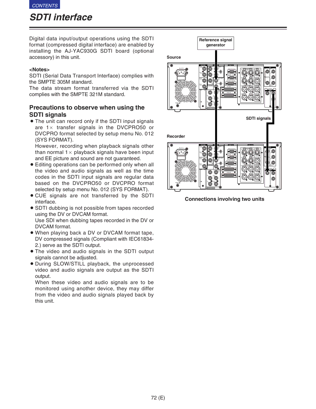 Panasonic VQT9958 Sdti interface, Precautions to observe when using the Sdti signals, Connections involving two units 