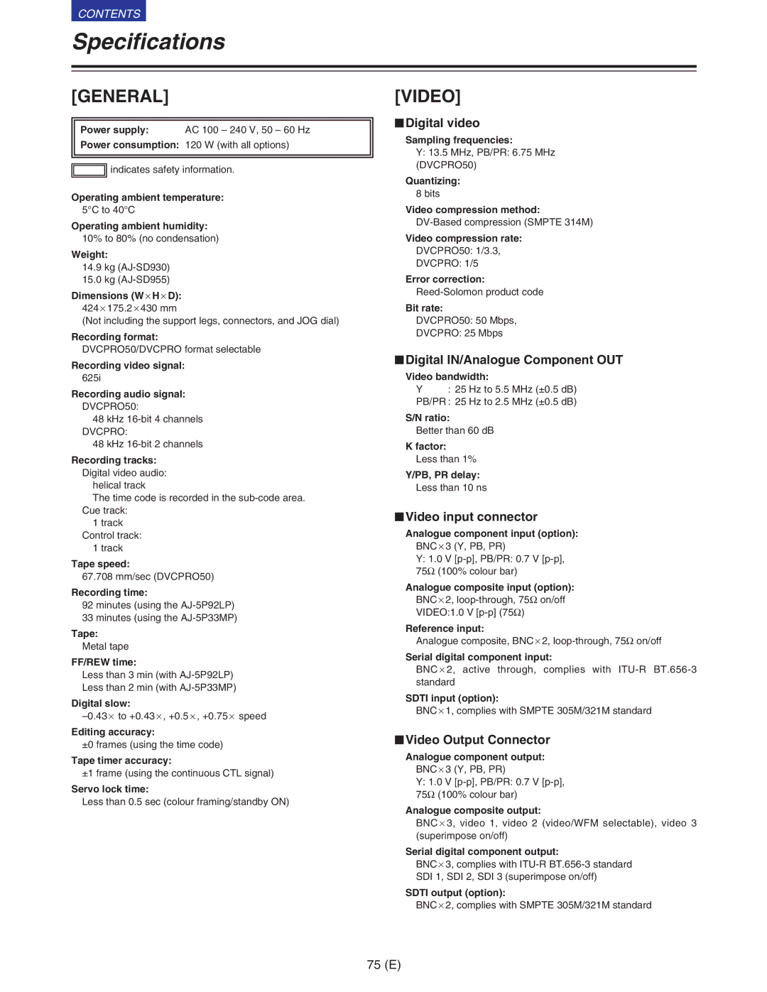 Panasonic VQT9958 Specifications, $Digital video, $Digital IN/Analogue Component OUT, $Video input connector 