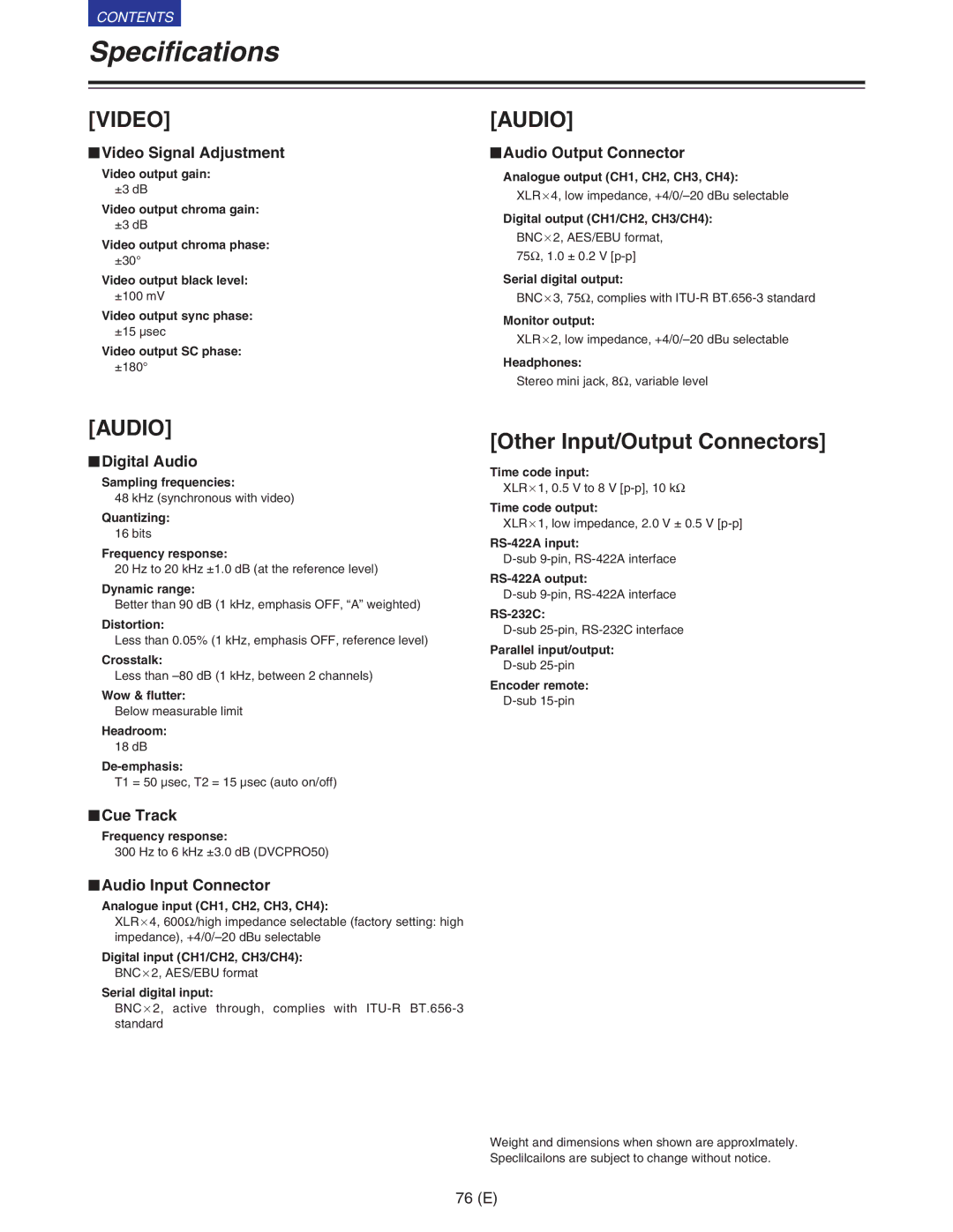 Panasonic VQT9958 operating instructions Other Input/Output Connectors 