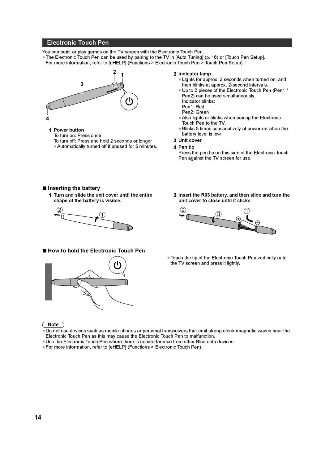 Panasonic VT60D Series Inserting the battery, How to hold the Electronic Touch Pen, Power button, Unit cover Pen tip 