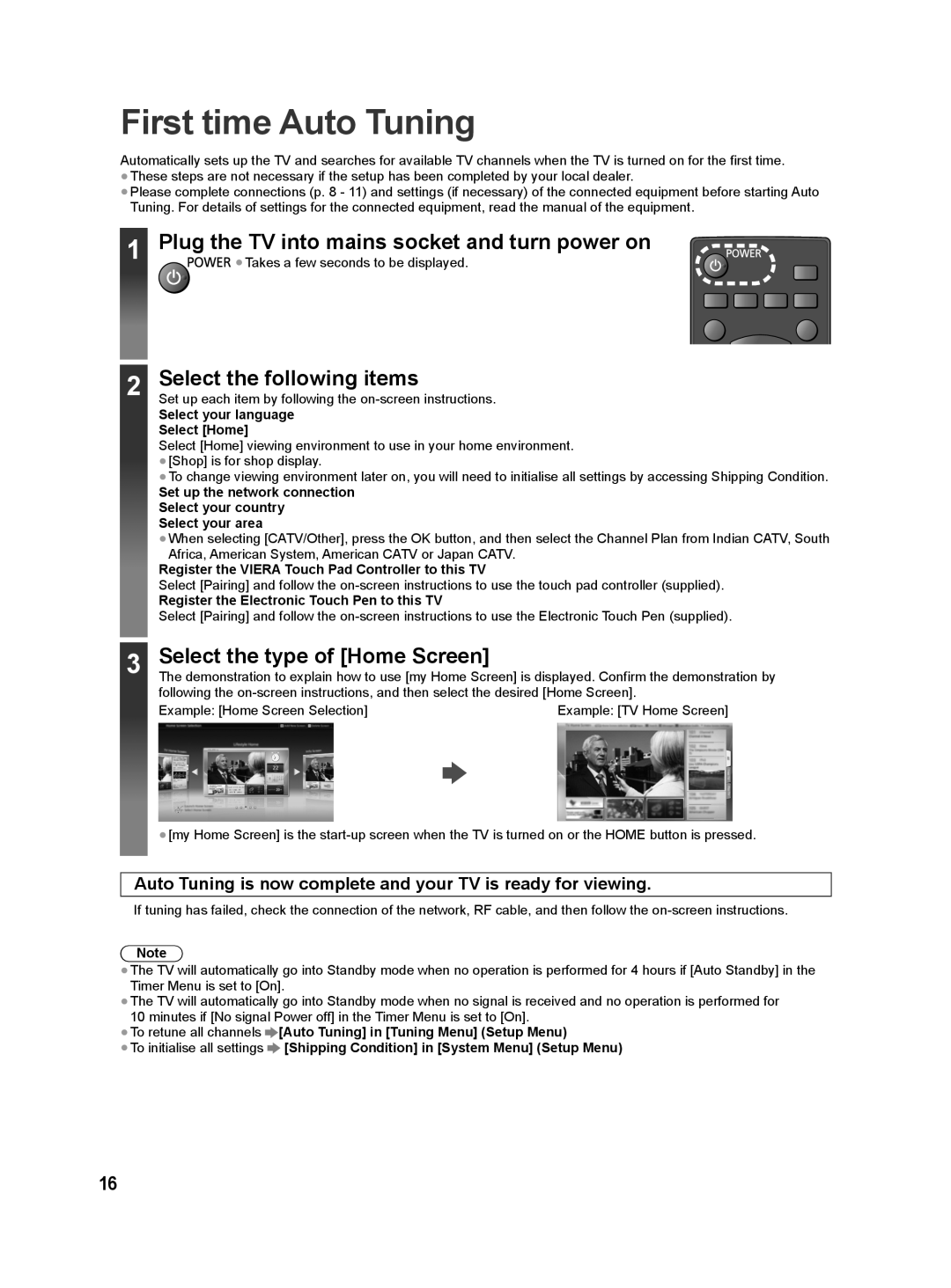 Panasonic VT60M Series First time Auto Tuning, Plug the TV into mains socket and turn power on, Select the following items 