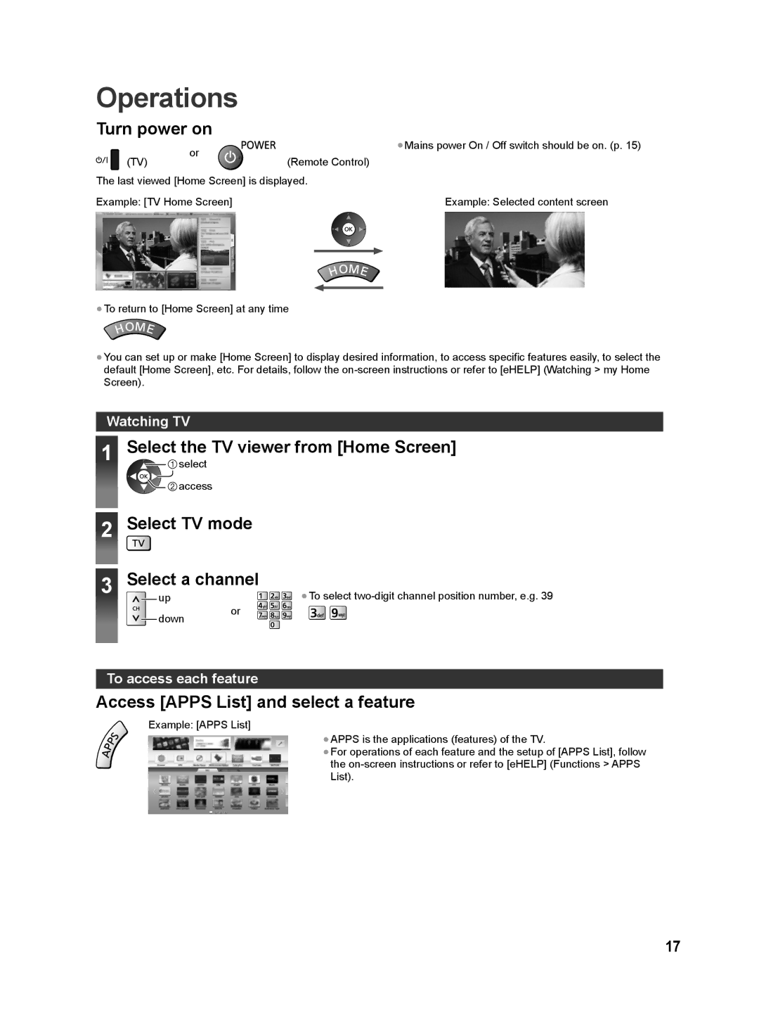 Panasonic VT60D Series Operations, Turn power on, Select the TV viewer from Home Screen, Select TV mode Select a channel 