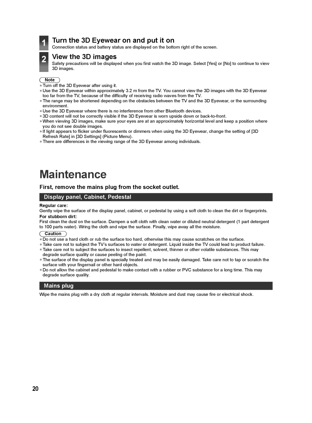 Panasonic VT60D Series, VT60P Series Maintenance, Turn the 3D Eyewear on and put it on, View the 3D images, Mains plug 