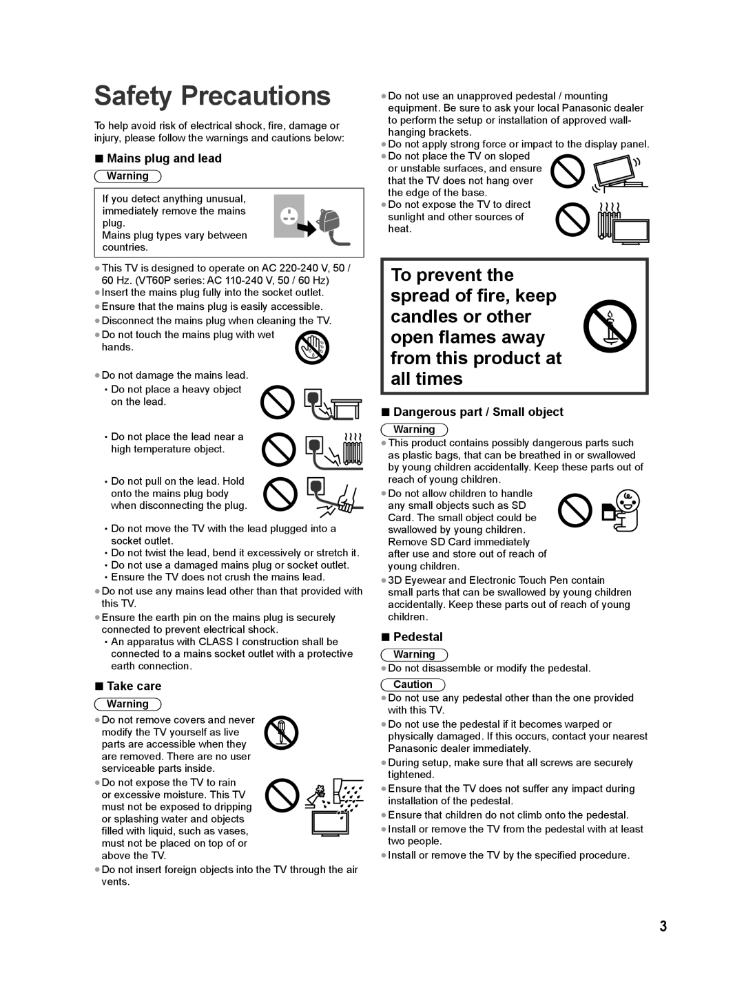 Panasonic VT60P Series, VT60M Series, VT60D Series quick start Safety Precautions, Mains plug and lead, Take care, Pedestal 