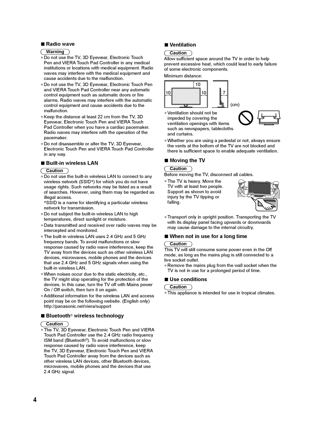 Panasonic VT60M Series Radio wave, Built-in wireless LAN, Bluetooth wireless technology, Ventilation, Moving the TV 