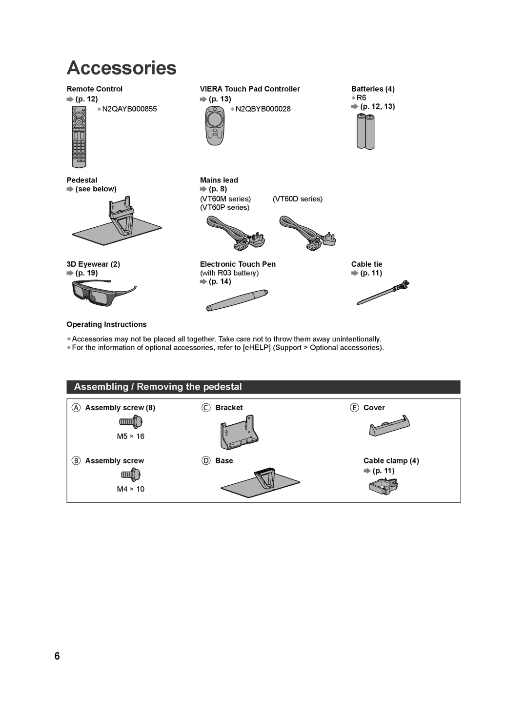 Panasonic VT60P Series Accessories, Assembling / Removing the pedestal, With R03 battery Operating Instructions, M4 × 