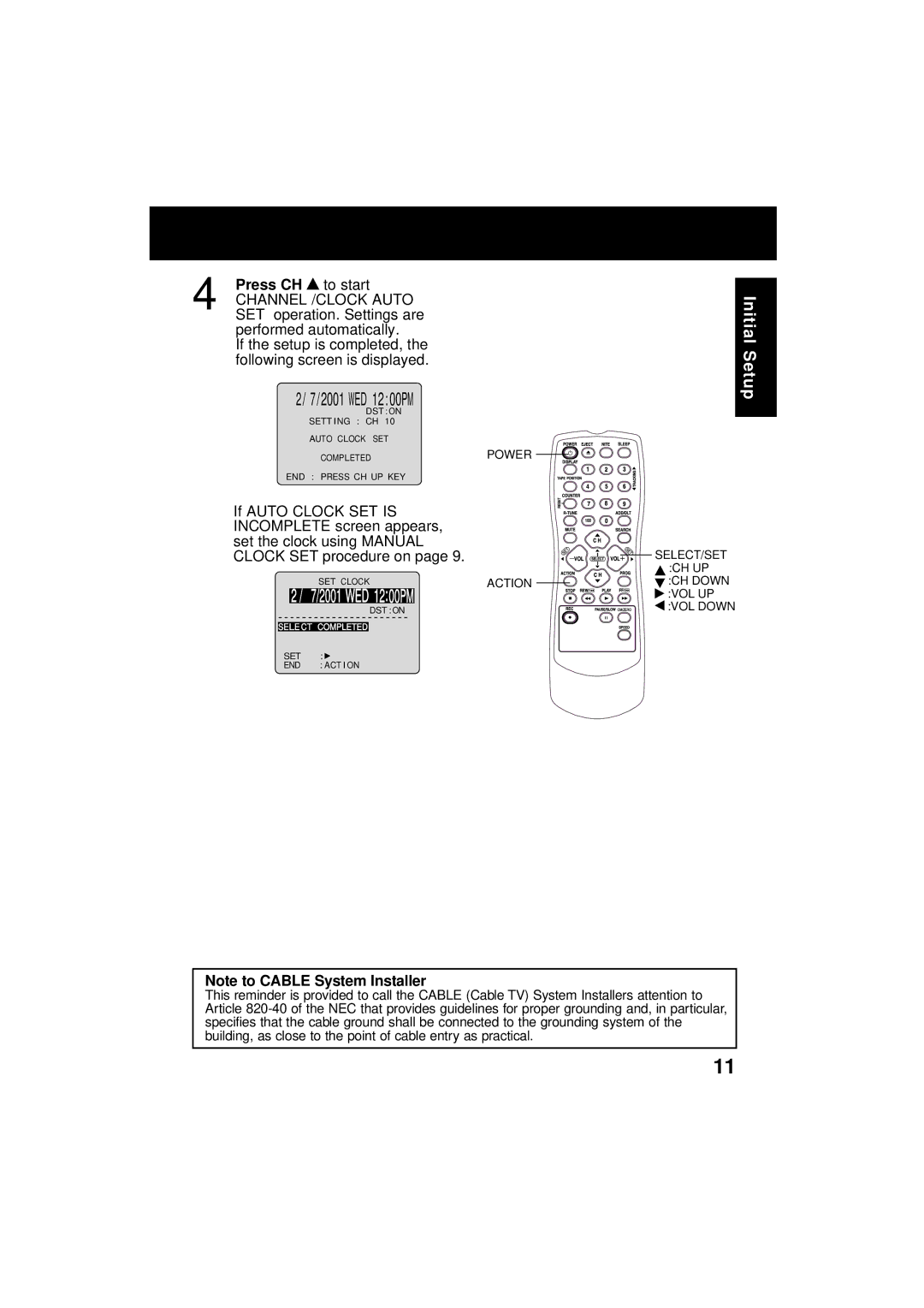 Panasonic VV-1301 WED 1200PM, Press CH to start, SET operation. Settings are, Performed automatically 