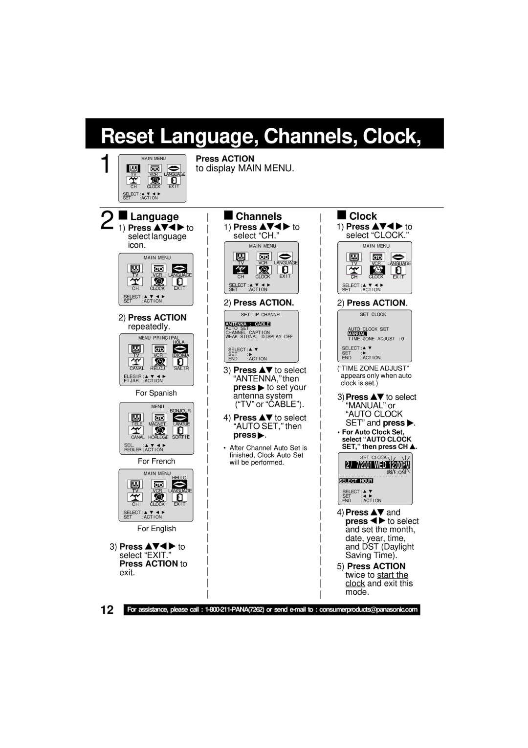 Panasonic VV-1301 operating instructions Reset Language, Channels, Clock 