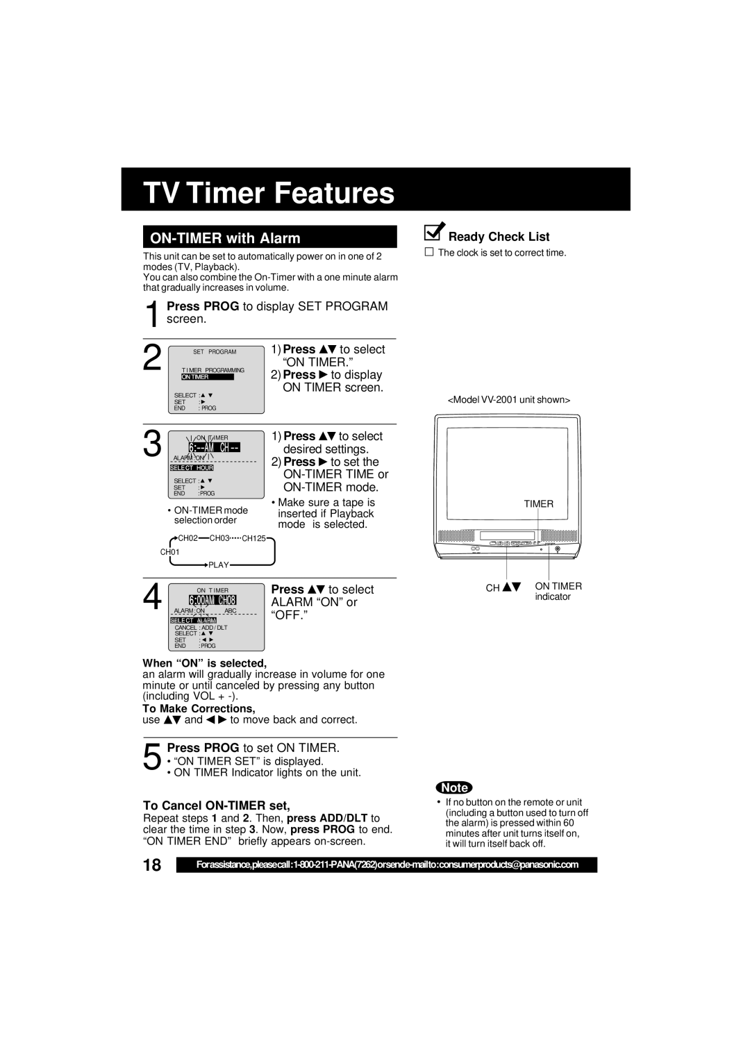 Panasonic VV-1301 operating instructions TV Timer Features, ON-TIMER with Alarm 