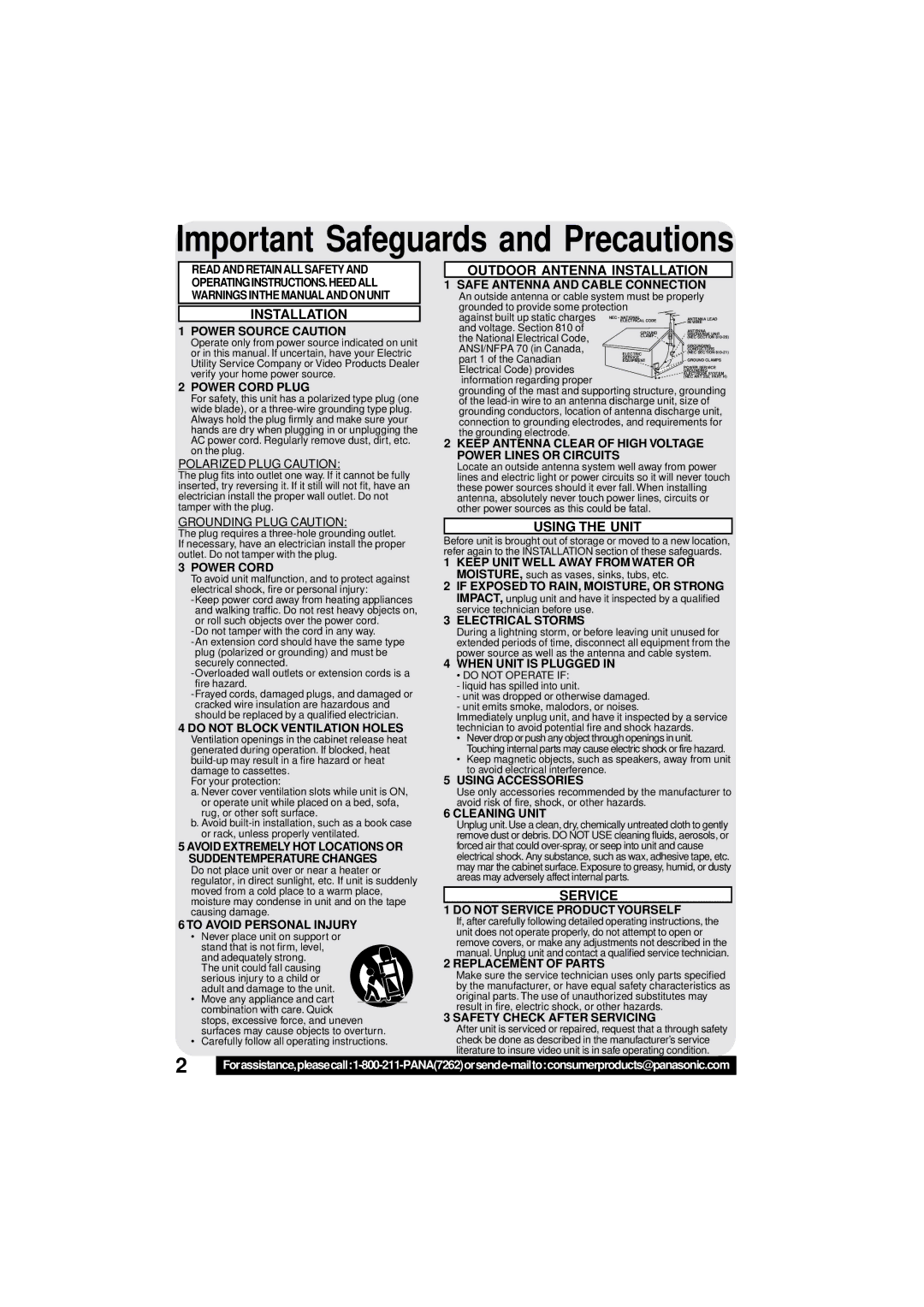 Panasonic VV-1301 operating instructions Important Safeguards and Precautions 