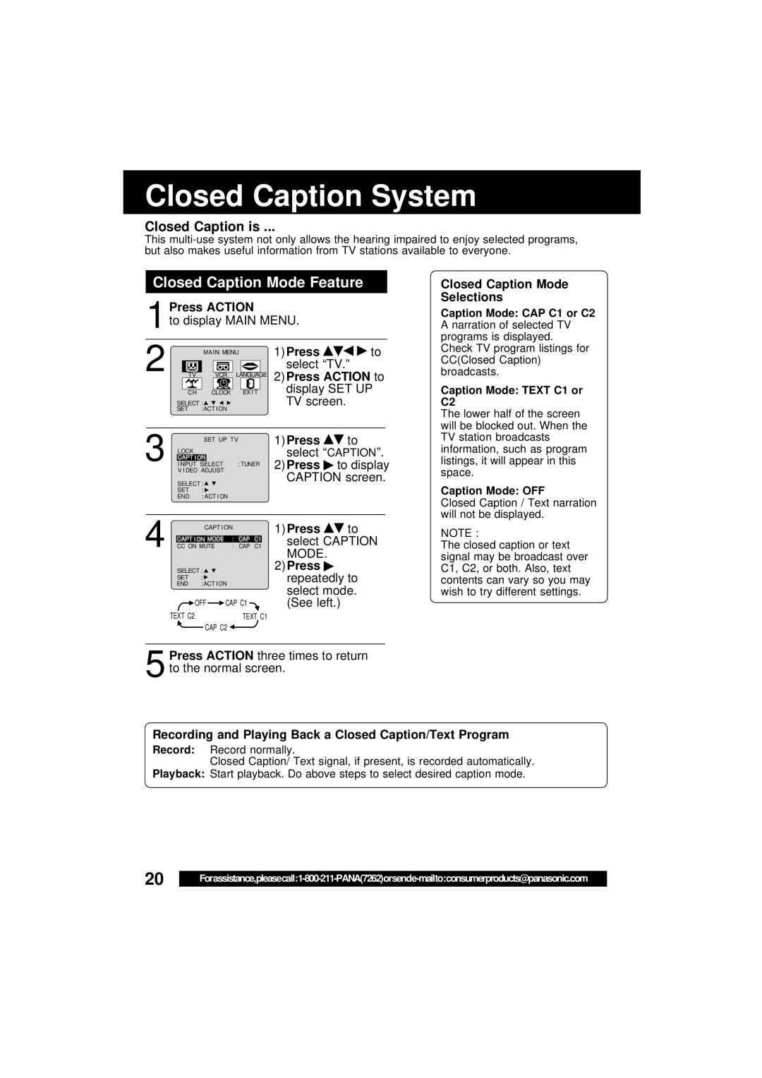 Panasonic VV-1301 Closed Caption System, Closed Caption Mode Feature, 2Press Action to, Closed Caption Mode Selections 