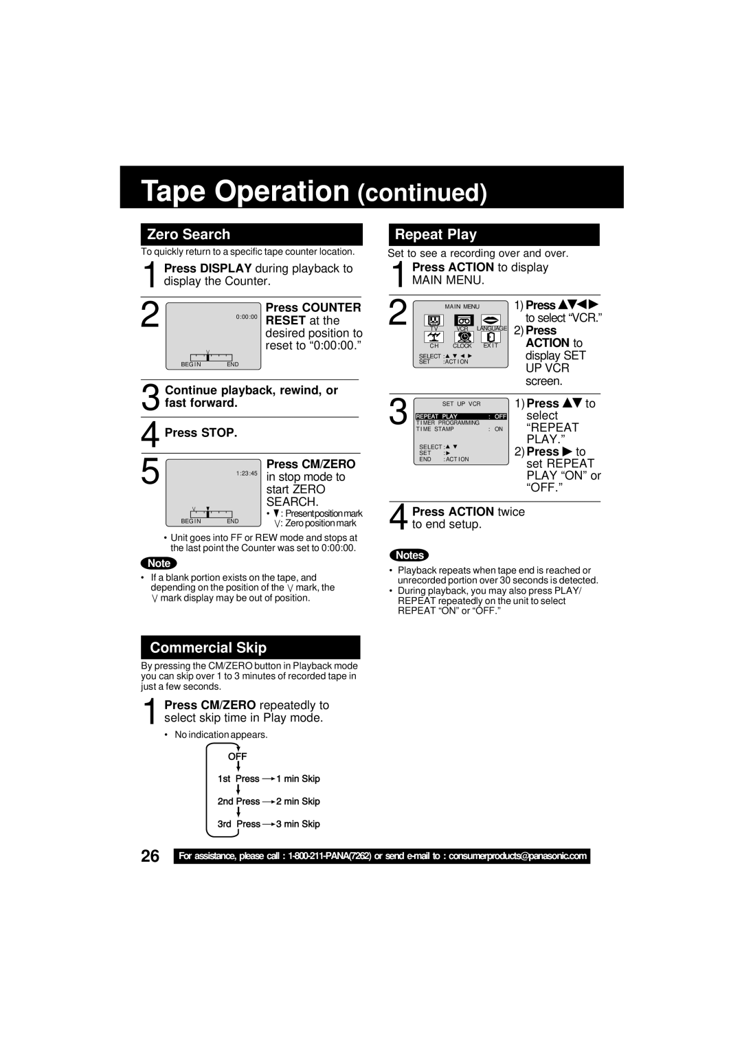 Panasonic VV-1301 operating instructions Tape Operation, Zero Search, Commercial Skip, Repeat Play 