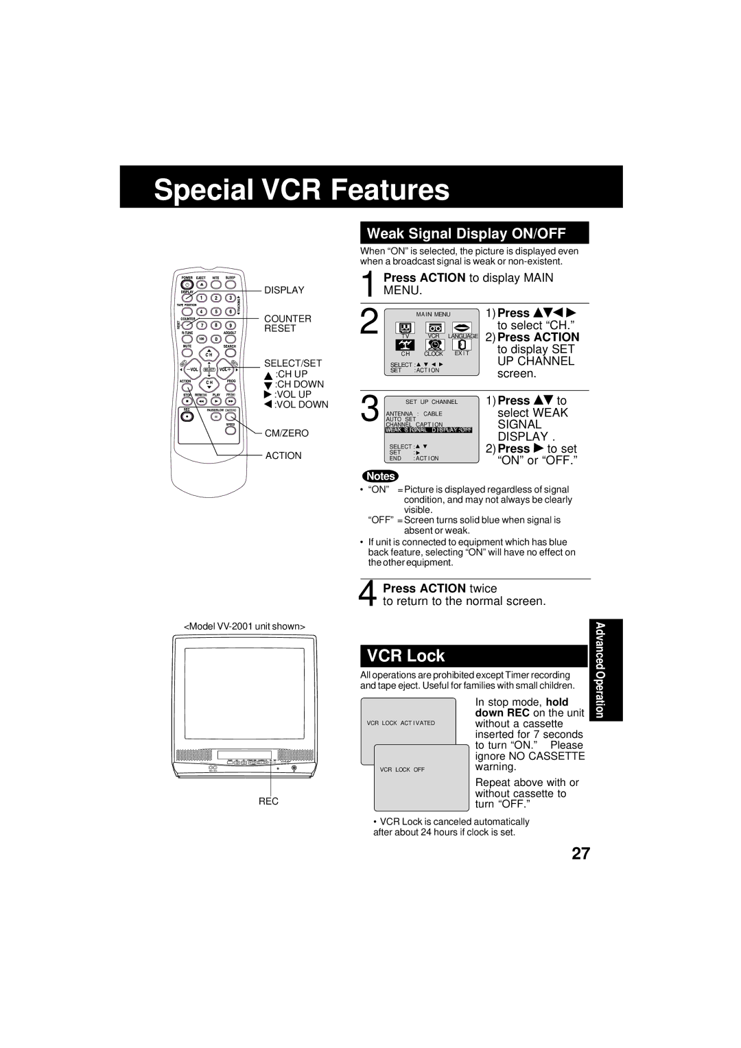 Panasonic VV-1301 Special VCR Features, Weak Signal Display ON/OFF, 2Press Action, Press to select Weak Signal Display 