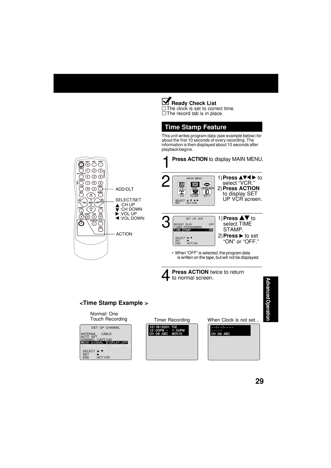 Panasonic VV-1301 operating instructions Time Stamp Feature 