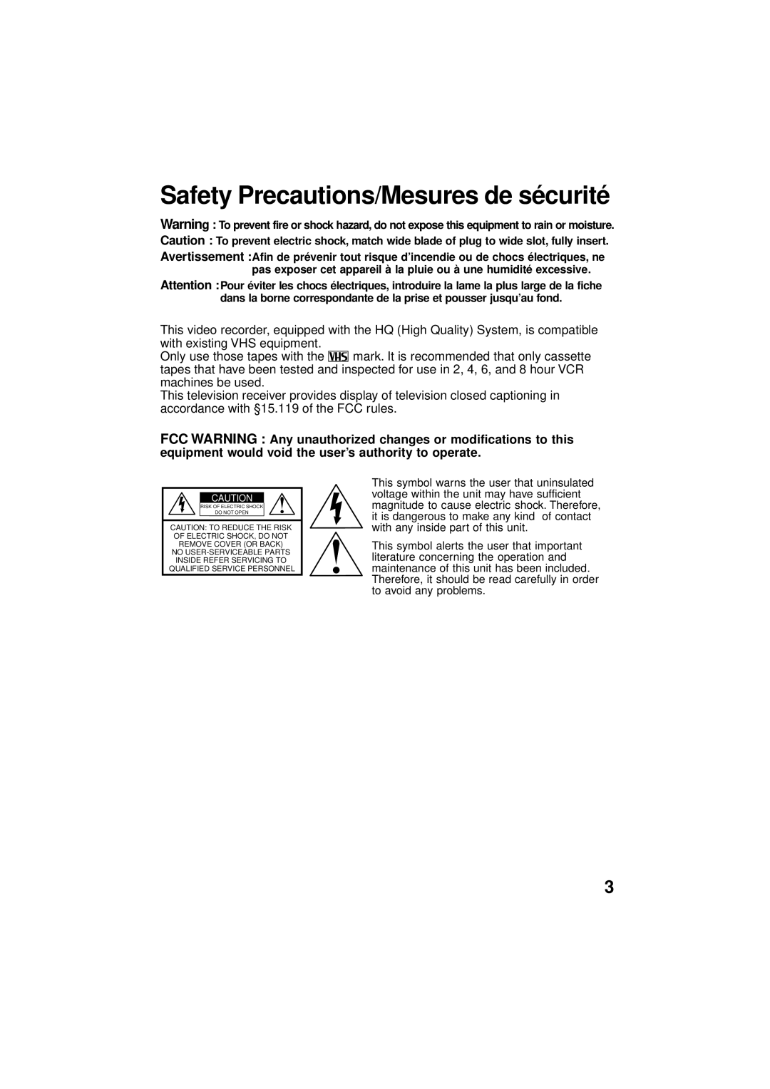 Panasonic VV-1301 operating instructions Safety Precautions/Mesures de sécurité 