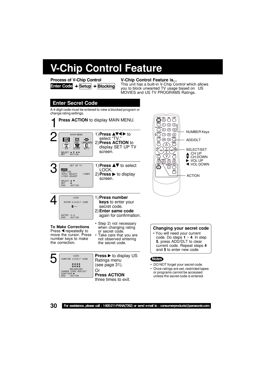 Panasonic VV-1301 operating instructions Chip Control Feature, Enter Secret Code, Changing your secret code 