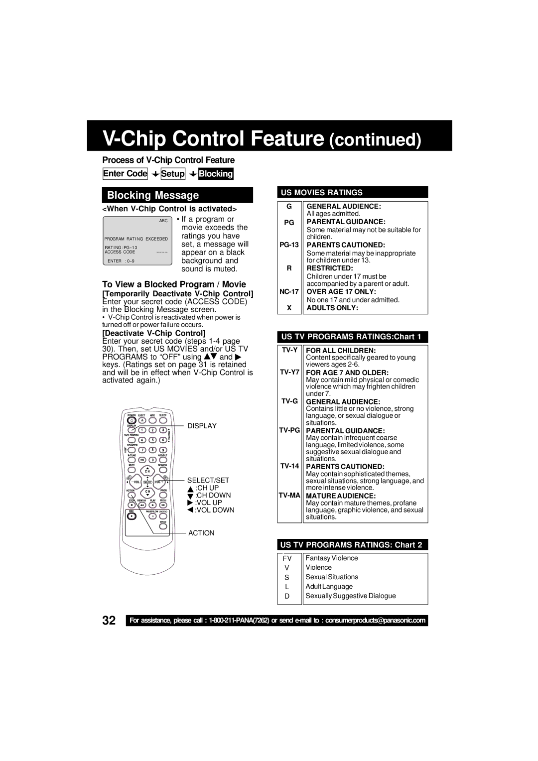 Panasonic VV-1301 Blocking Message, To View a Blocked Program / Movie, When V-Chip Control is activated 