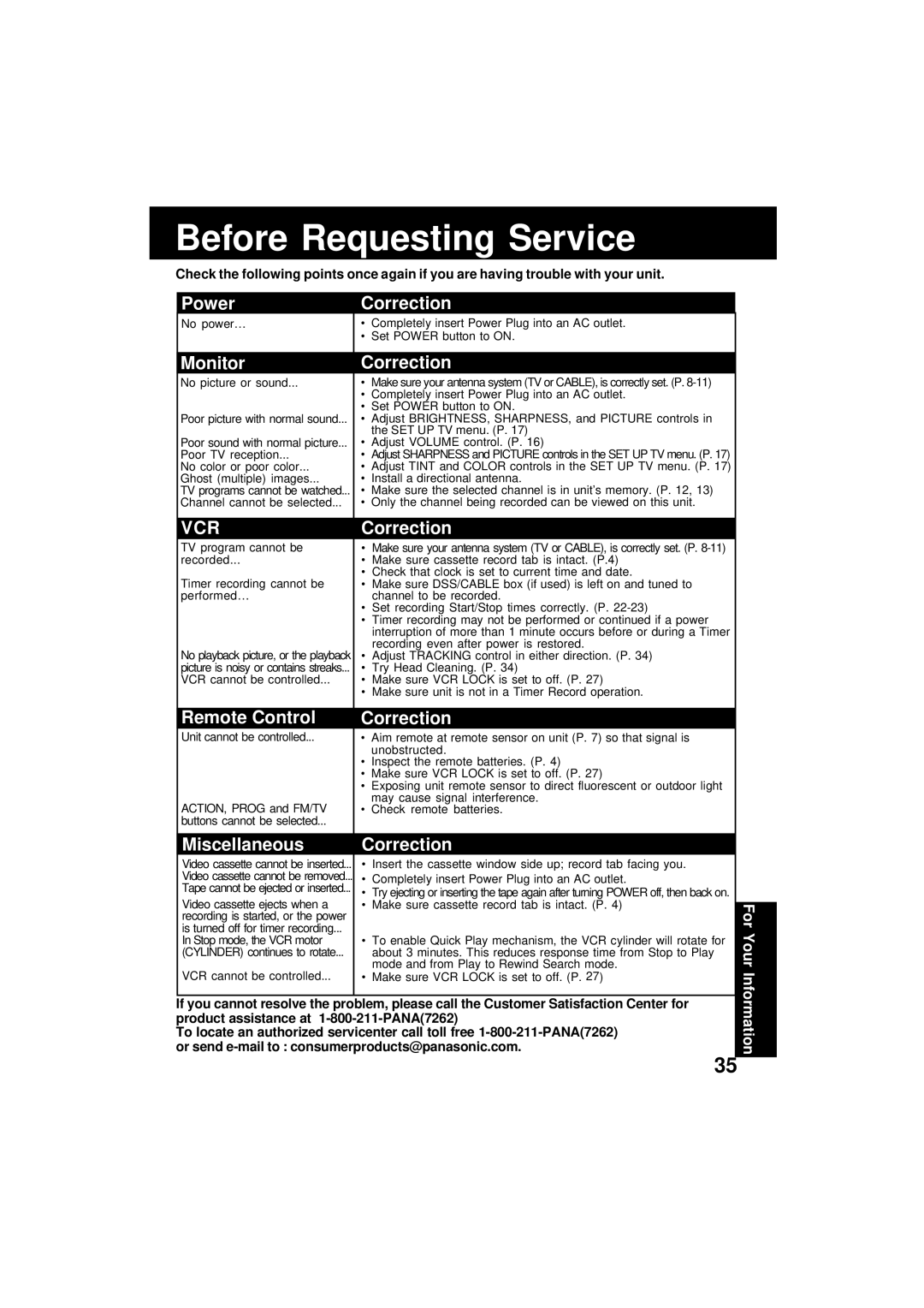 Panasonic VV-1301 operating instructions Before Requesting Service 