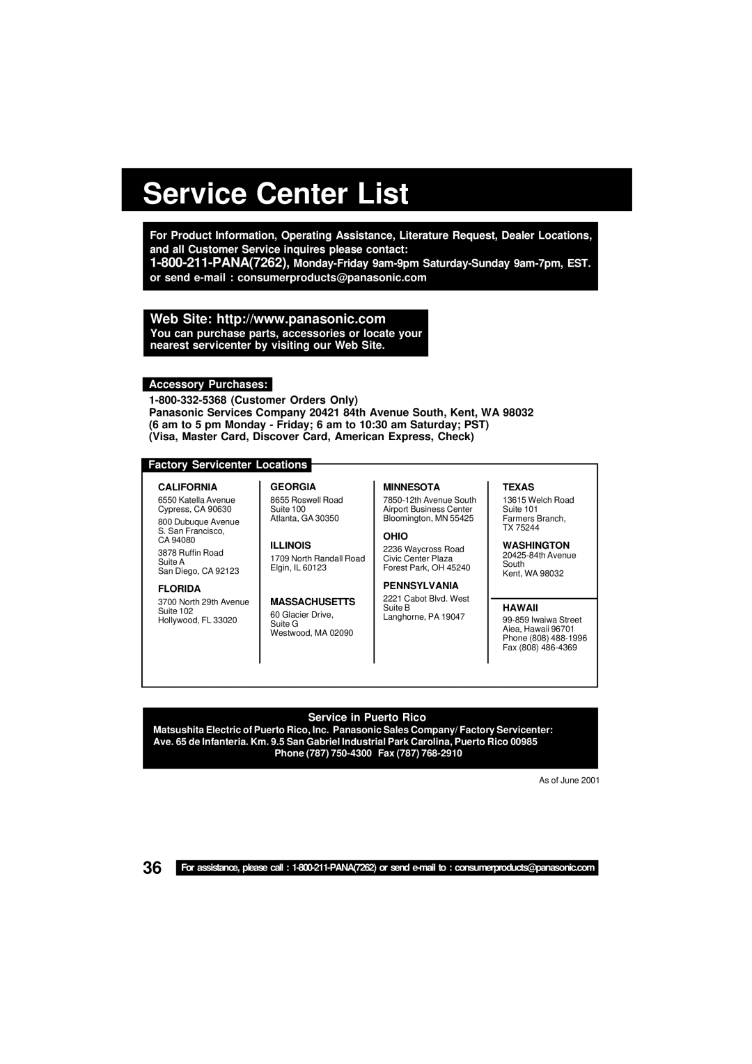 Panasonic VV-1301 operating instructions Service Center List, Factory Servicenter Locations 