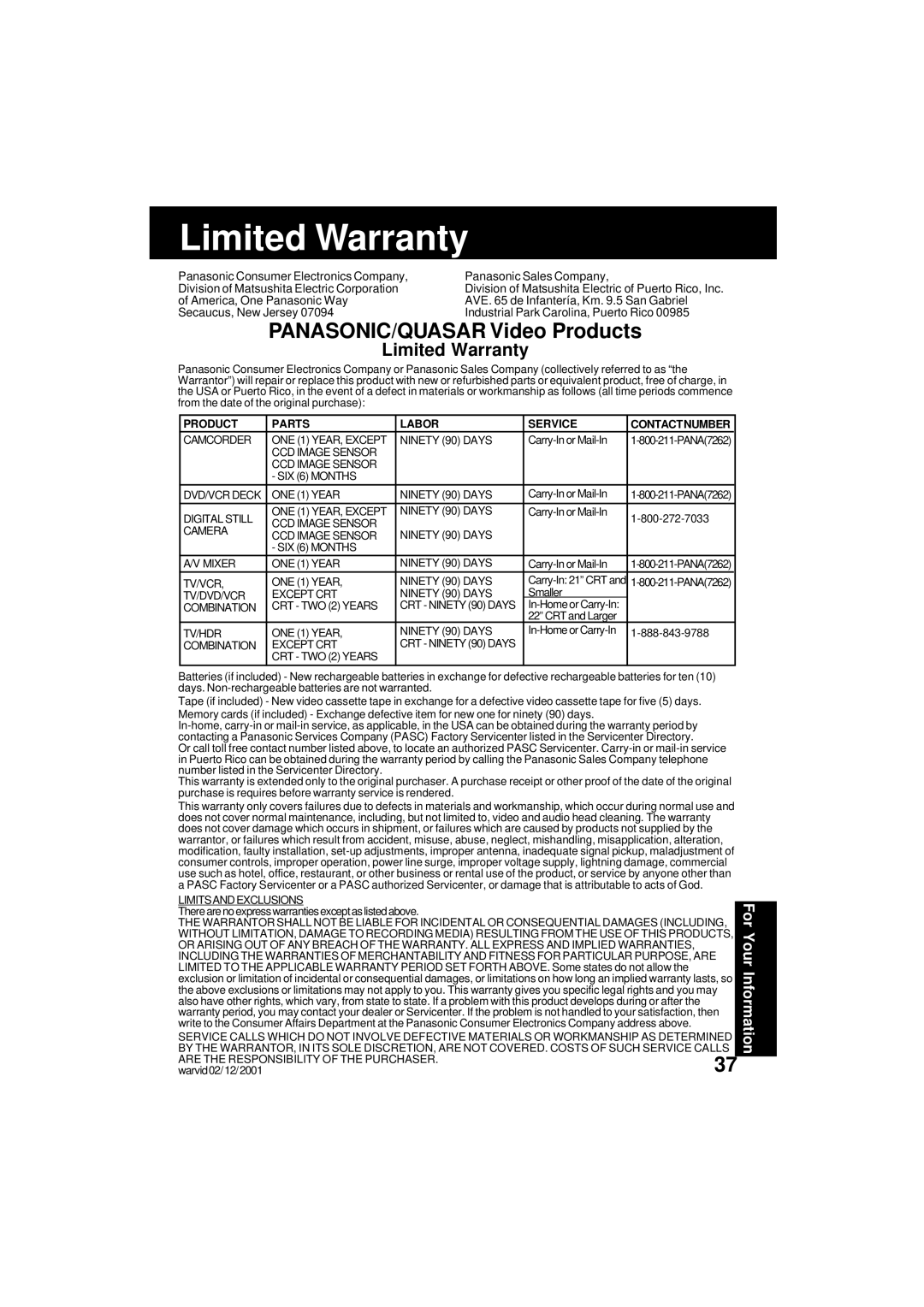 Panasonic VV-1301 operating instructions Limited Warranty, PANASONIC/QUASAR Video Products 