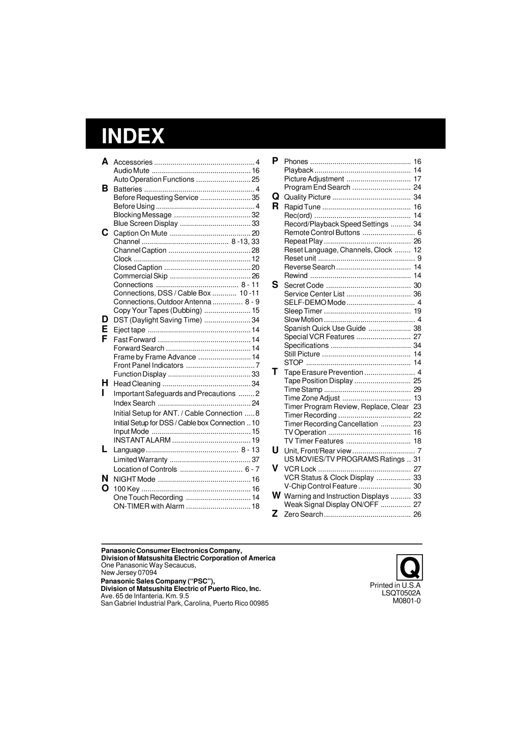 Panasonic VV-1301 operating instructions Index 