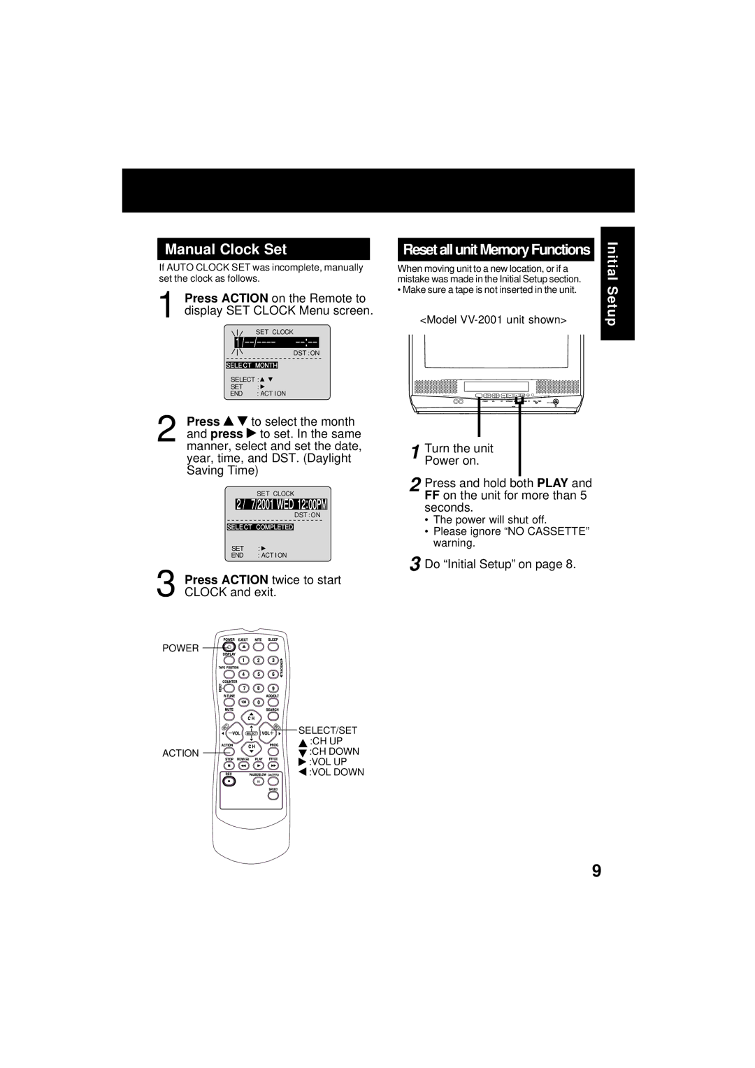 Panasonic VV-1301 Manual Clock Set, Press Action on the Remote to display SET Clock Menu screen, Do Initial Setup on 