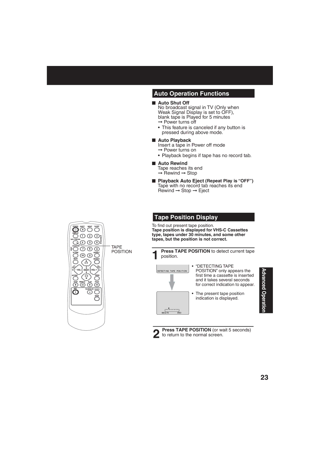 Panasonic VV-2003, VV-1303 Auto Operation Functions, Tape Position Display, Auto Shut Off, Auto Playback, Auto Rewind 