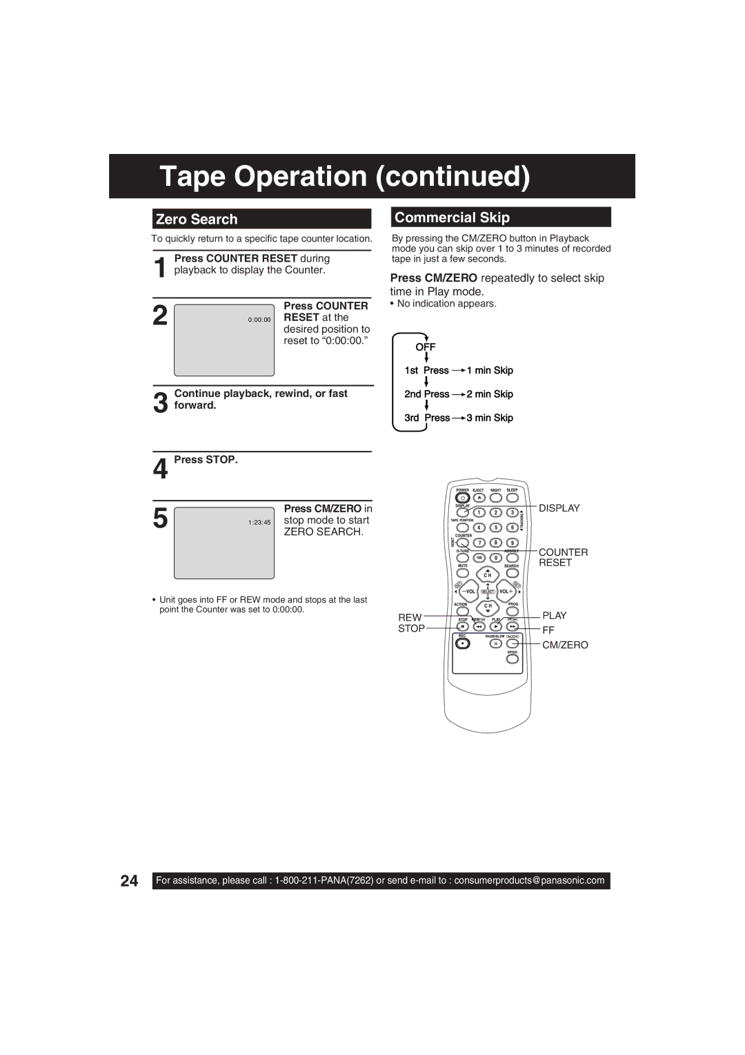 Panasonic VV-1303, VV-2003 Zero Search, Commercial Skip, Press CM/ZERO repeatedly to select skip time in Play mode 