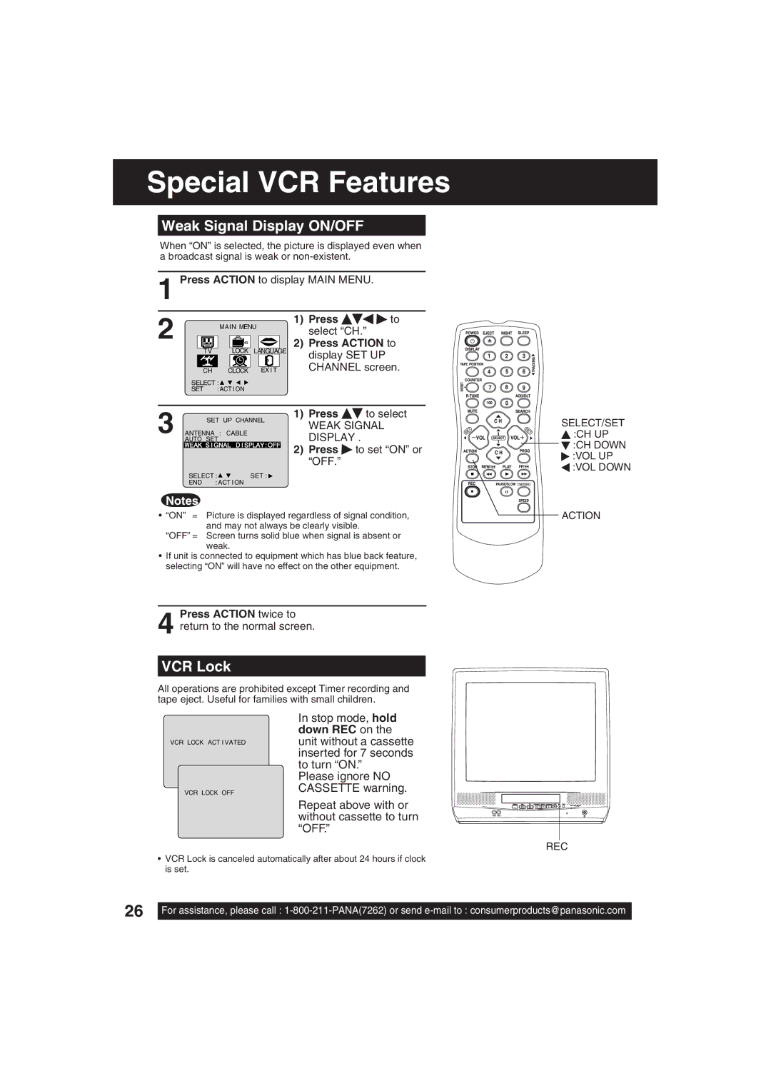 Panasonic VV-1303, VV-2003 Special VCR Features, Weak Signal Display ON/OFF, VCR Lock, Press Action twice to 