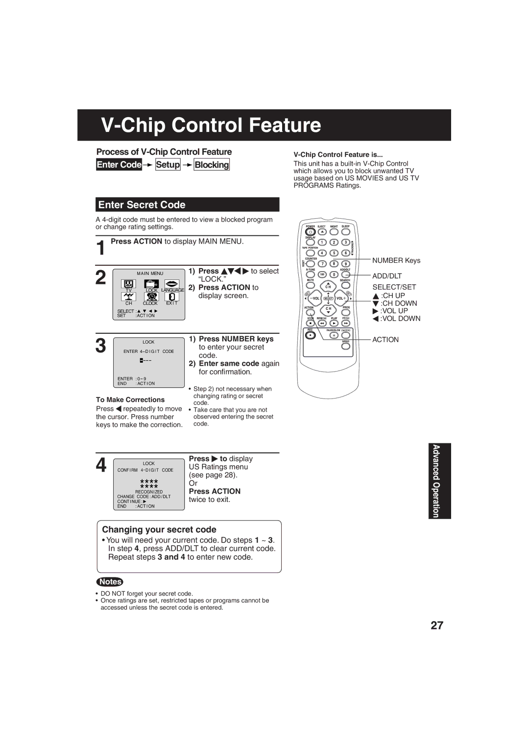 Panasonic VV-2003, VV-1303 Enter Secret Code, Process of V-Chip Control Feature Enter Code Setup Blocking 